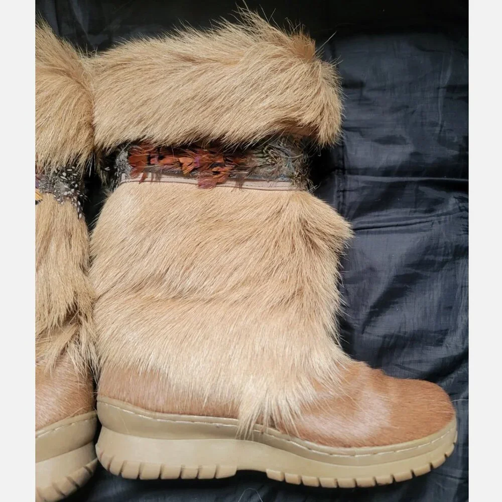 BearPaw KOLA Apres Ski Boots Sz 7 Real Fur Sheepskin Calf Goat Skin Wool Tan - Picture 9 of 16
